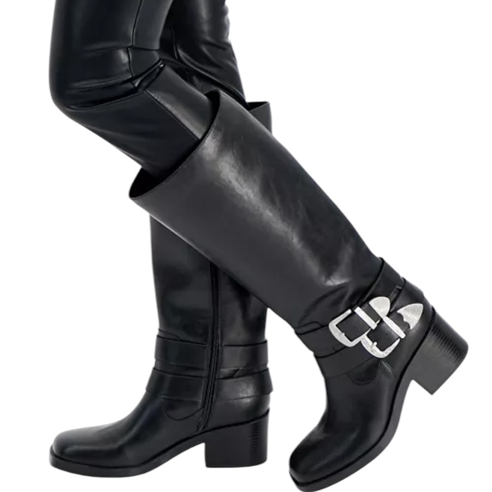 Black Knee-High Buckk Boots Wild Pair Silver Buckles